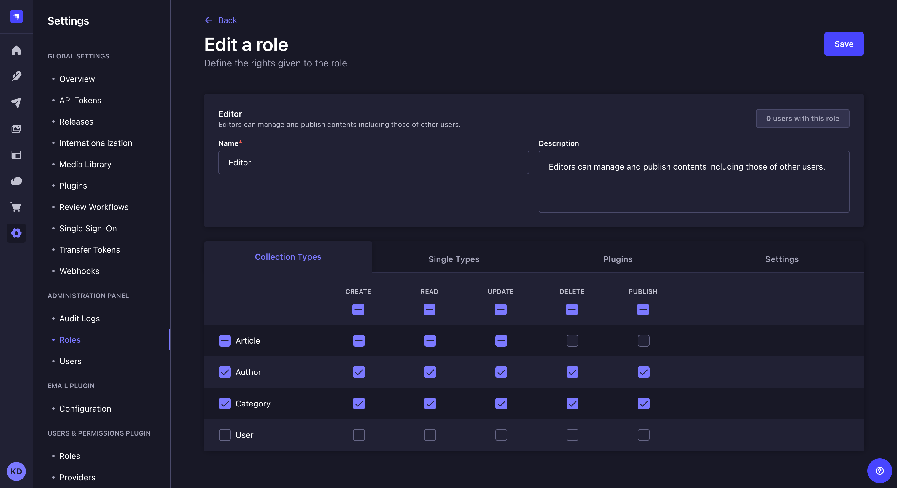 Administrator roles edition interface